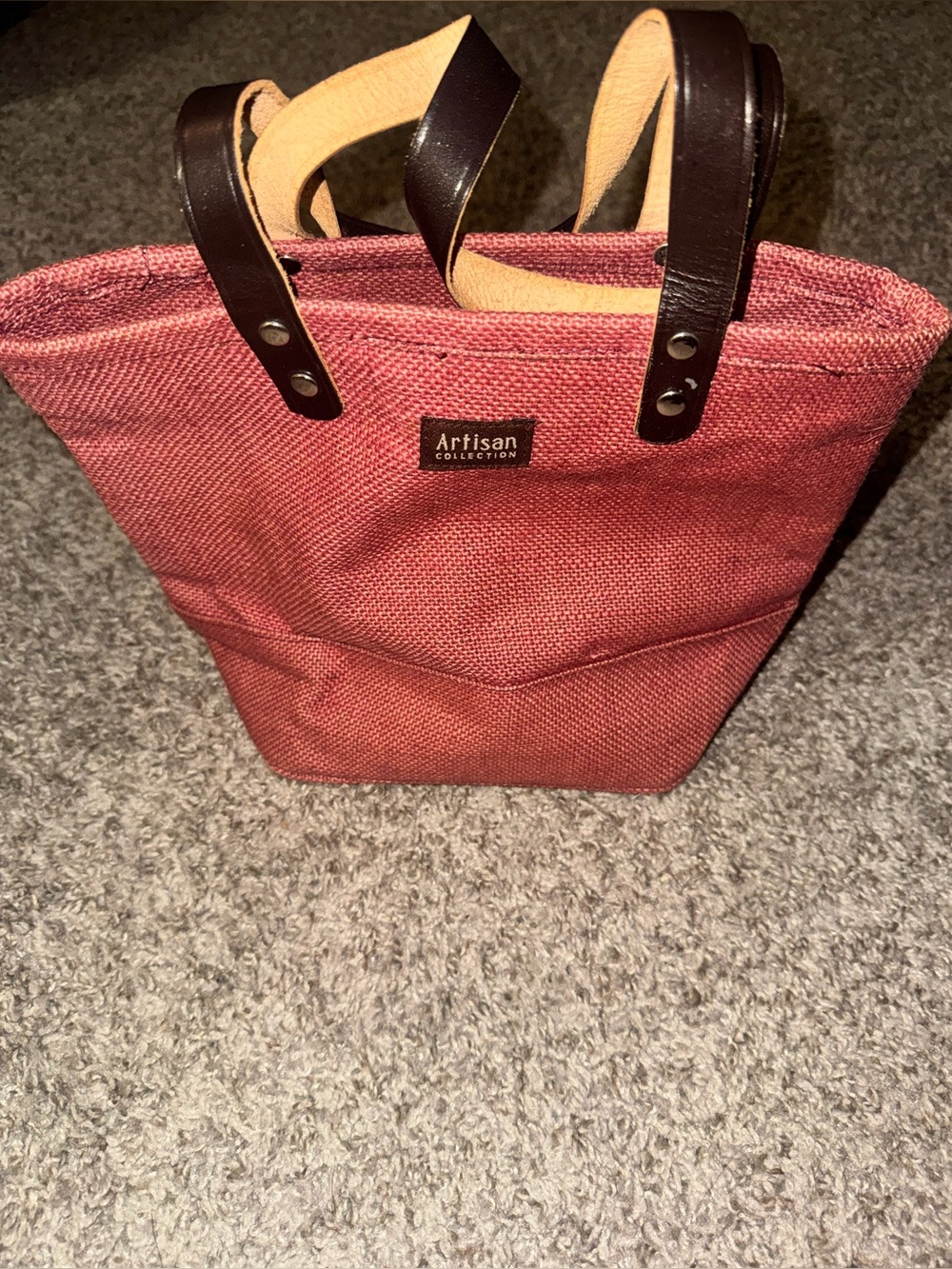 Artisan Collection Red Canvas Tote Bag Dark Brown Leather-Look Handles